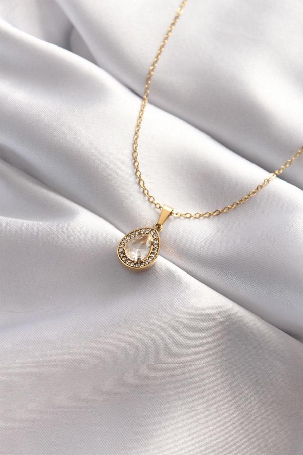 316L Çelik Taşlı Gold Renk Damla Tasarımlı Kolye 8474 - Image 1