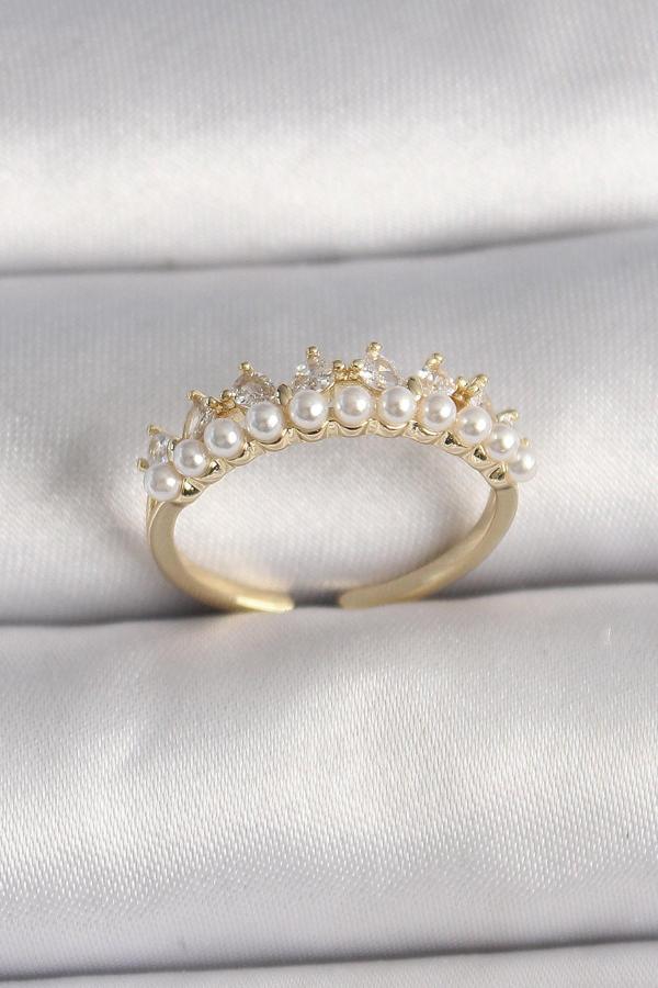 Pirinç Gold Renk Zirkon Taşlı İncili Taç Model Ayarlanabilir Kadın Yüzük 3576 - Image 1
