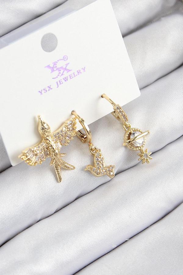 Pirinç Zirkon Taşlı 3'lü Kuş Model Gold Renk Kadın Küpe - Image 1