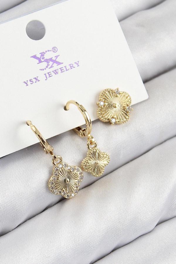 Pirinç Zirkon Taşlı 3'lü Yonca Model Gold Renk Kadın Küpe - Image 1
