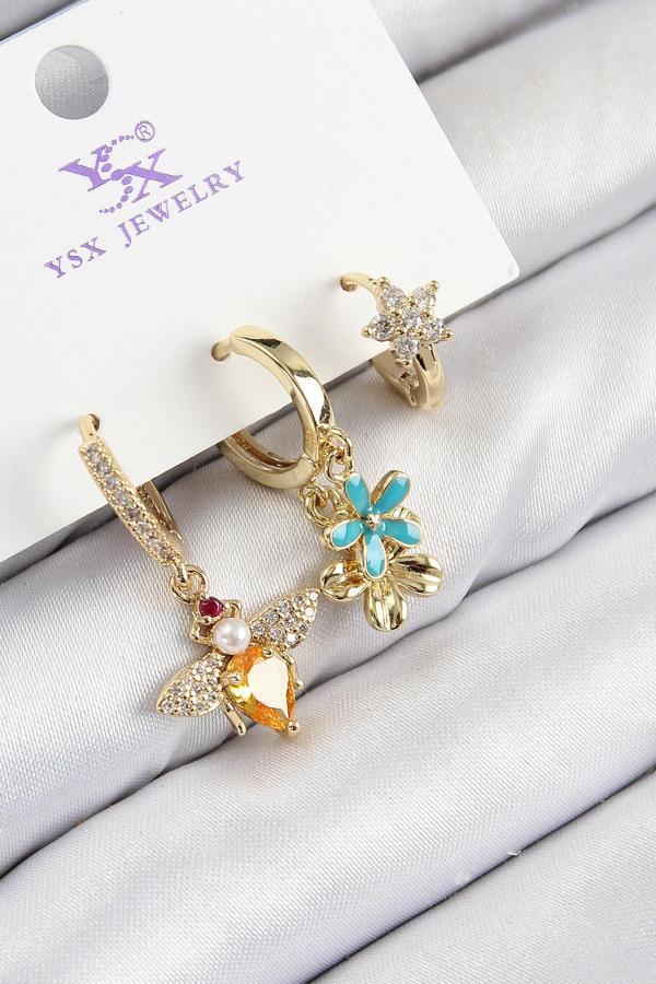 Pirinç Zirkon Taşlı 3'lü Arı Ve Çiçek Model Gold Renk Kadın Küpe - Image 1