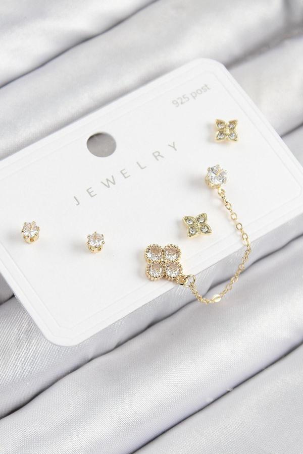 Pirinç Zirkon Taşlı Yonca Model Gold Renk 925 Ayar Gümüş Çivi Kadın Küpe Set - Image 1