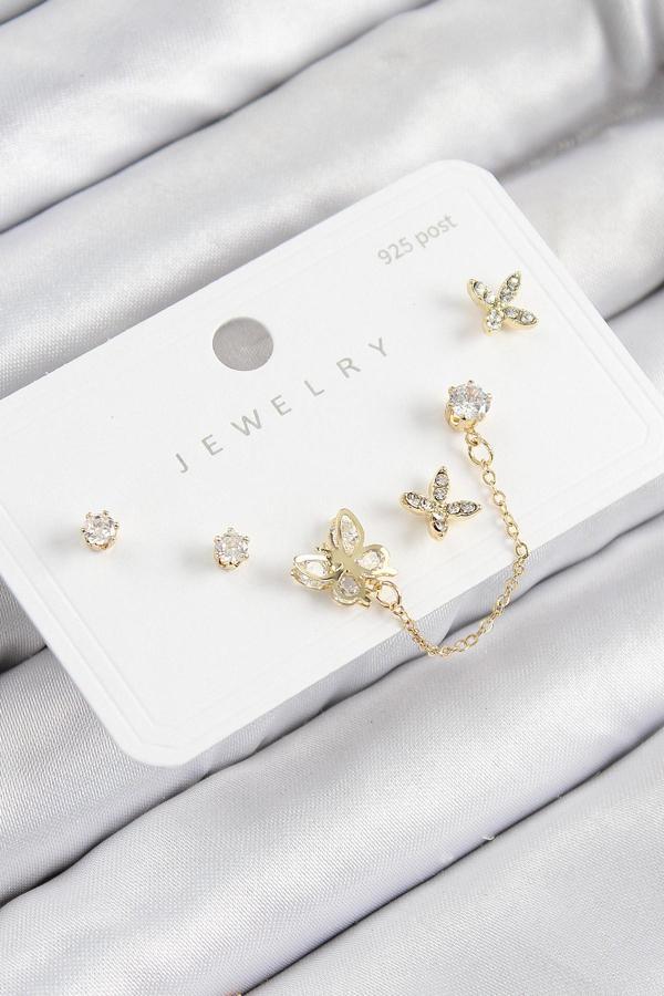 Pirinç Zirkon Taşlı Kelebek Model Gold Renk 925 Ayar Gümüş Çivi Kadın Küpe Set - Image 1