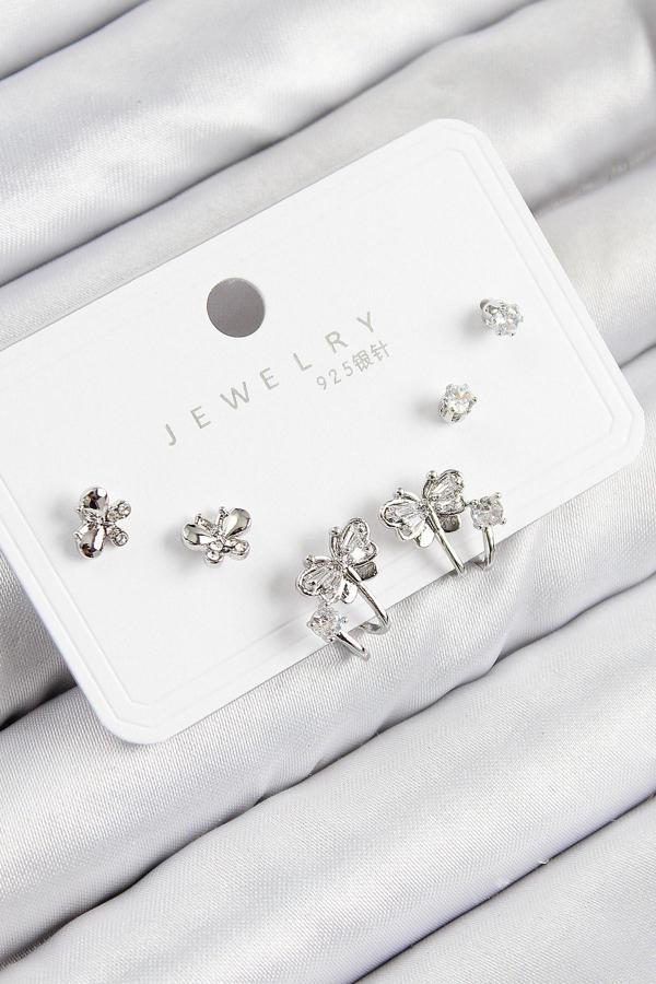 Pirinç Zirkon Taşlı Kelebek Model Gümüş Renk 925 Ayar Gümüş Çivi Kadın Küpe Set - Image 1