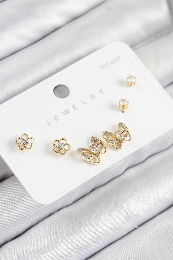 Pirinç Zirkon Taşlı Kelebek Model Gold Renk 925 Ayar Gümüş Çivi Kadın Küpe Set - Image 1