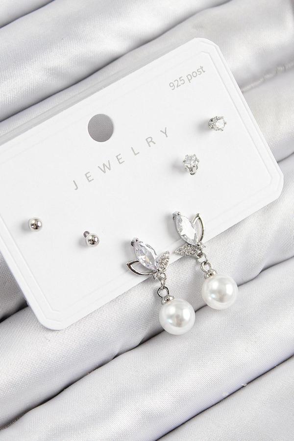 Pirinç Zirkon Taşlı İnci Sallantılı Damla Model Gümüş Renk 925 Ayar Gümüş Çivi Kadın Küpe Set - Image 1