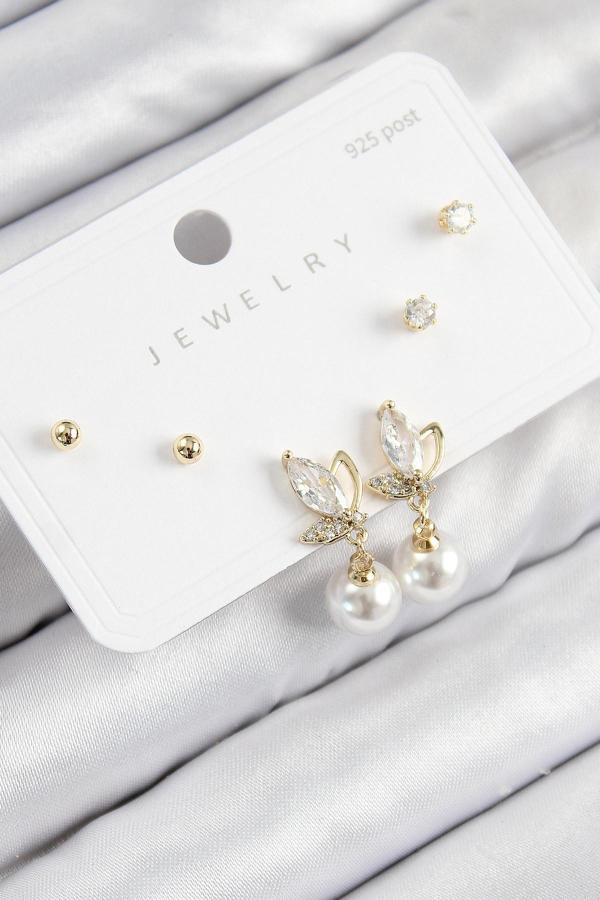 Pirinç Zirkon Taşlı İnci Sallantılı Damla Model Gold Renk 925 Ayar Gümüş Çivi Kadın Küpe Set - Image 1