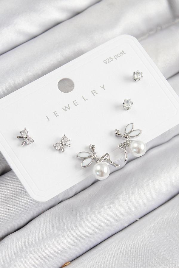 Pirinç Zirkon Taşlı İnci Melek Model Gümüş Renk 925 Ayar Gümüş Çivi Kadın Küpe Set - Image 1