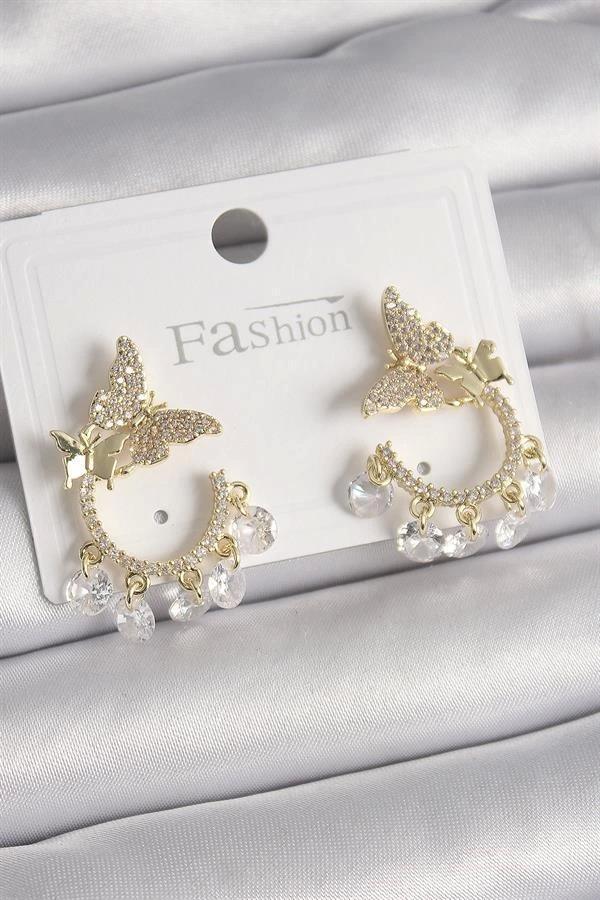 Pirinç Gold Renk Zirkon Taşlı Sallantı Detay Kelebek Model Kadın Küpe - Image 1