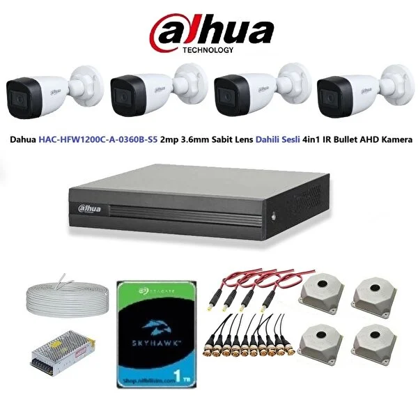 Dahua 2mp 4 Kameralı Dış Ortam Dahili Sesli Full Kamera Seti 1tb Disk Hac-hfw1200c-a-0360b - Image 1