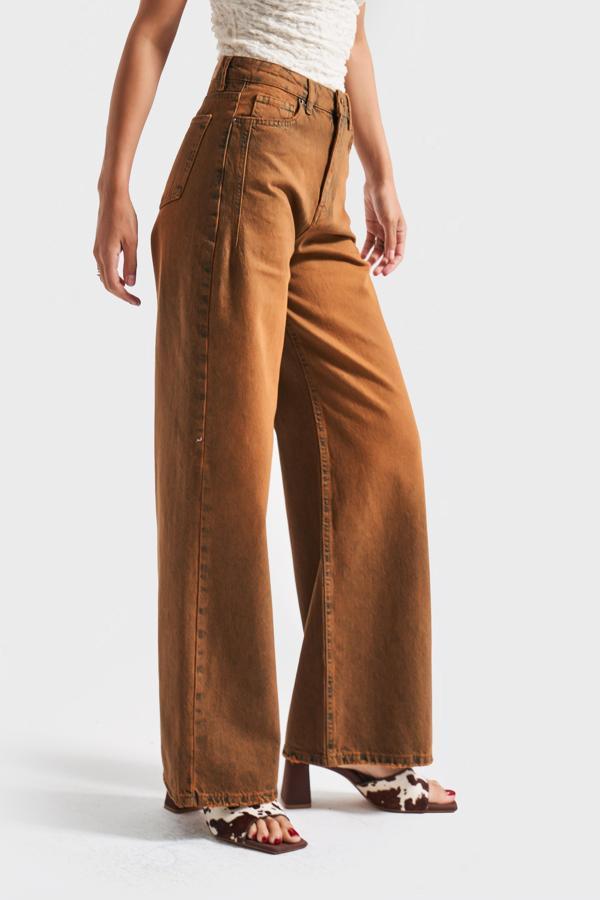 Kadın Kahverengi Olea 2w5-135 Wide Leg Fit %100 Koton İç Boy 80cm Denim Jean - Image 1