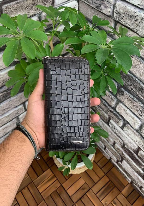 Guard Koyu Kahverengi Croco Hakiki Deri Baskılı Fermuarlı Portföy Cüzdan Erkek / Kadın P3016 - Image 1