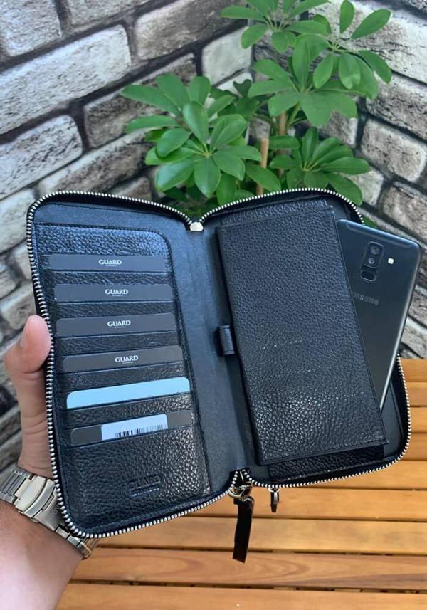 Guard Çift Fermuarlı Siyah Hakiki Deri El Çantası Erkek / Kadın P3031 - Image 1