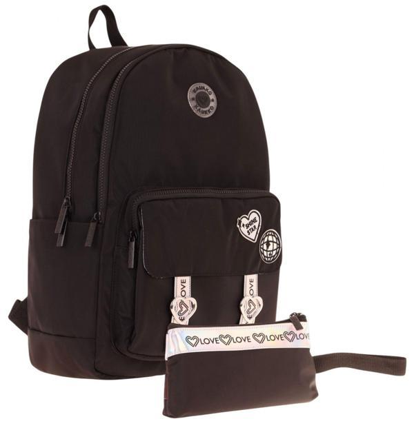 Kaukko Parlak Love Şeritli Siyah Okul Çantası ve Cüzdan Tipi Kalemlik Seti (KK-K1841+KK-K2752) - Image 1