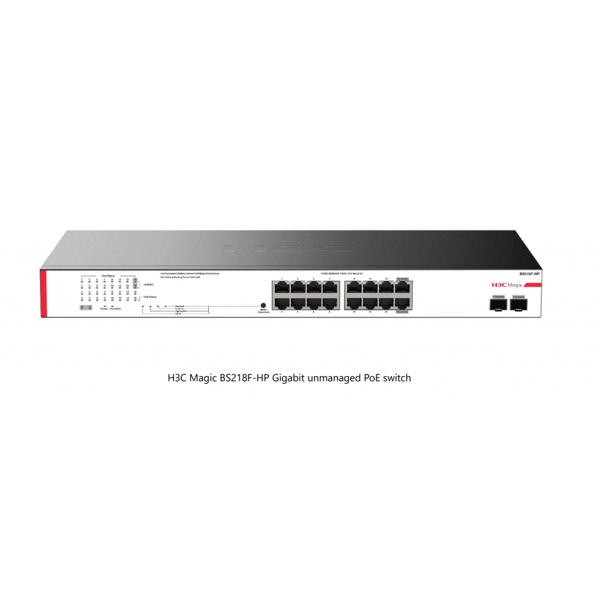 H3C Magic BS218F-HP, 18 Port, GigaBit, 16 Port PoE, 225W, 2 Port GigaBit Uplink, +2 Port GigaBit SFP, Metal Kasa, Yöneti - Image 1
