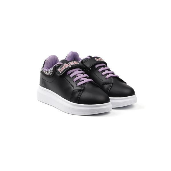 Kız Çocuk Siyah Lila Taşlı Cırtlı Bağcıklı Sneaker Günlük Rahat Spor Ayakkabı - Image 1