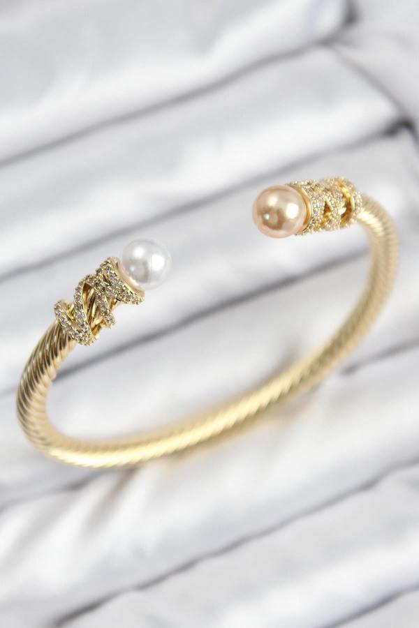 Celira 316L Çelik Zirkon Taşlı İnci Model Gold Renk Kadın Bileklik - Image 1