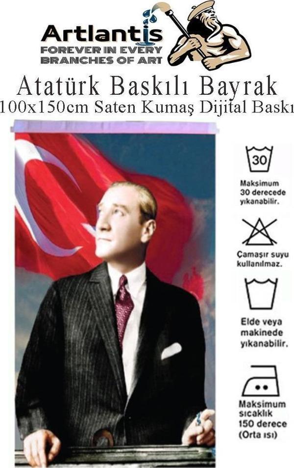 Atatürk Baskılı Türk Bayrağı 100x150 cm 1 Paket Dijital Baskı Bayraklı Atatürk Posteri Raşel Kumaş İç ve Dış Ortama Uygu - Image 1