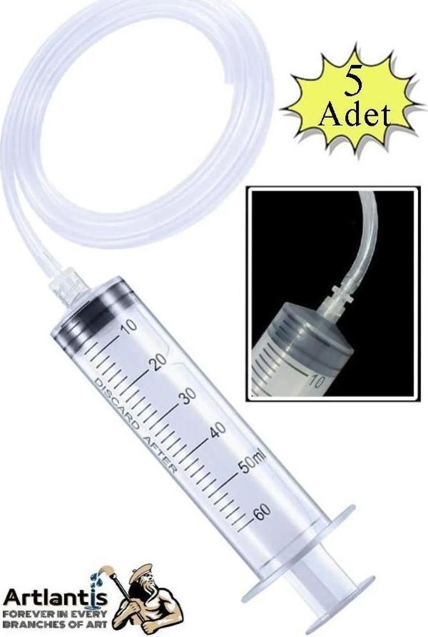 Plastik Şırınga Hortumlu Büyük 60 ml 5 Paket Sıvı Emme Enjektörü Okul Deney Evcil Hayvan Besleme - Image 1