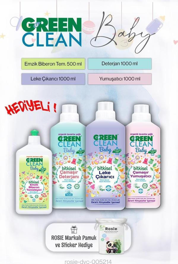 Green Clean Baby 1 L Yumuşatıcı + Deterjan + Leke Çıkarıcı + 500 ml Emzik Tem. ve Rosie Hediye - Image 1