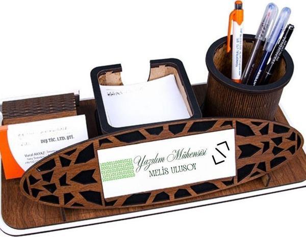 Yazılımcılara Hediye – Kişiye Özel Ahşap Masa Üstü İsimlik ve Kalemlik Seti - Image 1