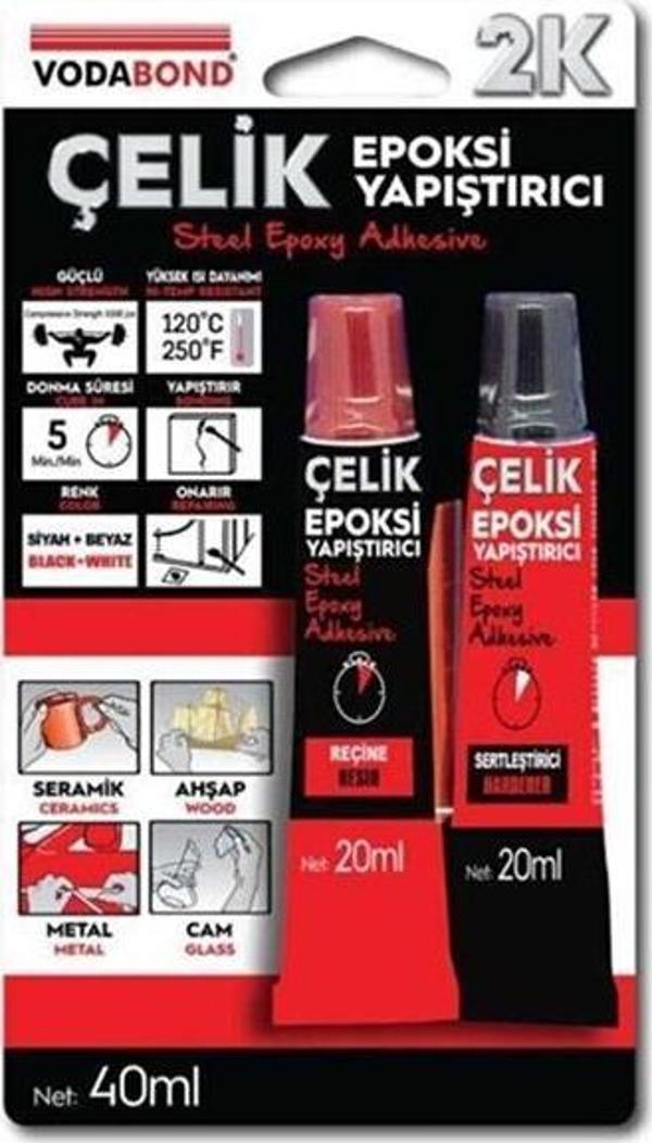 Vodaband 20ML+20ML Çelik Epoksi Yapıştırıcı Siyah+Beyaz(Reçine+Sertleştirici) - Image 1