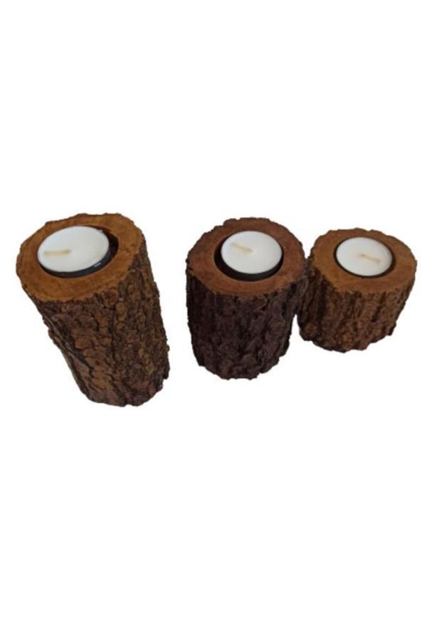 Simstyle Kütük Görünümlü 3 Lü Set Mumluk - Image 1