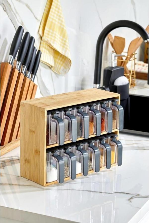 Piev Bambu Standlı Bölmeli Kapaklı ve Kaşıklı 12 Li Şeffaf Baharatlık - Image 1