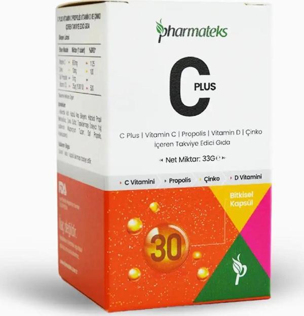 C Plus 30 Kapsül C Vitamini D Vitamini Propolis ve Çinko İçeren, Pharmateks - Image 1