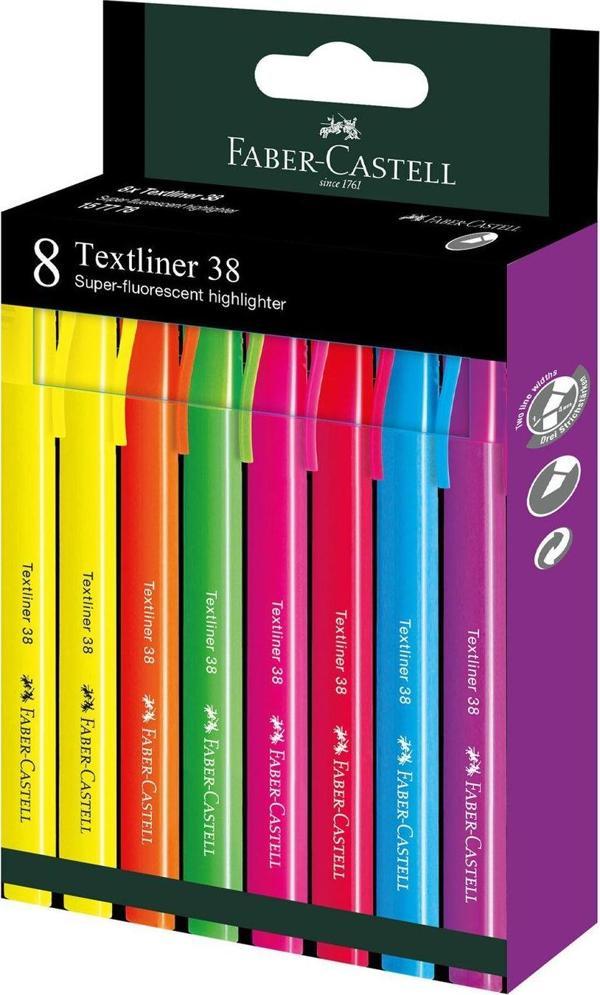 Faber Castell Fosforlu Kalem 38 Neon 8'Li Set,Canlı Renkler, Su Bazlı Mürekkep, Ergonomik Tasarım - Image 1