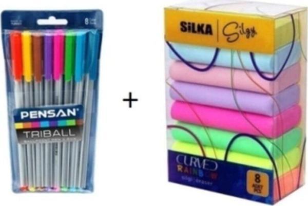 Pensan Triball Tükenmez Kalem 8'Li + Rainbow Neon Silgi 8'Li - Image 1