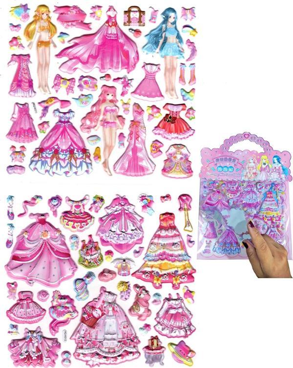 Sticker Kabartmalı Çantalı iki Sayfalı Sticker Seti (HQK012) - 21x17 cm- Fuşya Kız Giydirme - Image 1