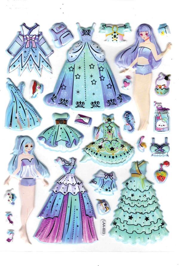 Sticker Kabartmalı Stiker Çıkartma Etiket (LAA603)-14x18 cm- Turkuaz Kız Prenses Giydirme - Image 1