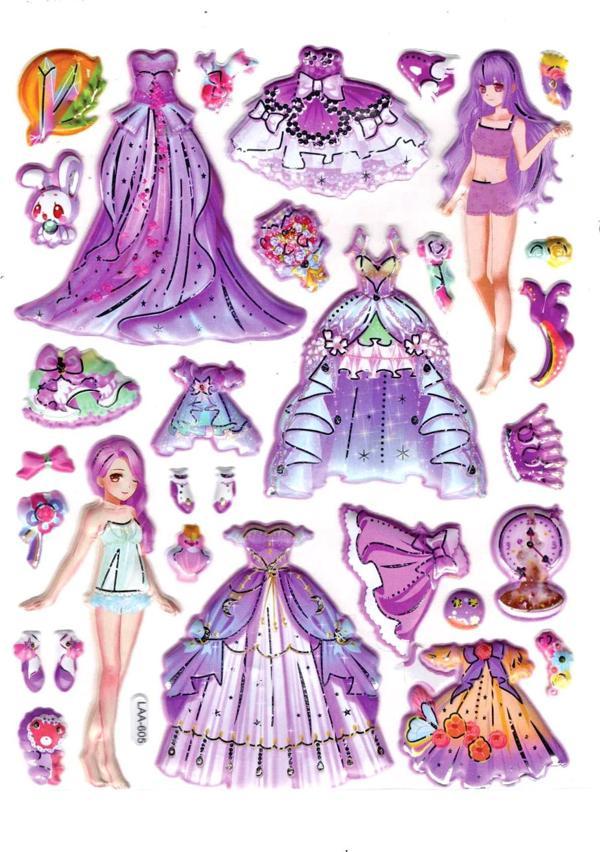 Sticker Kabartmalı Stiker Çıkartma Etiket (LAA605)-14x18 cm- Mor Kız Prenses Giydirme - Image 1