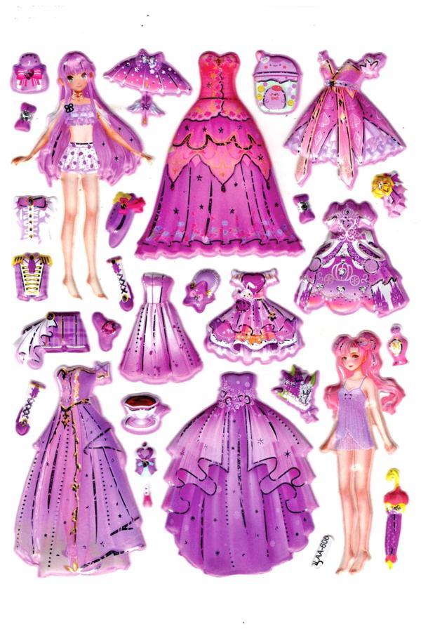 Sticker Kabartmalı Stiker Çıkartma Etiket (LAA606)-14x18 cm- Lila Kız Prenses Giydirme - Image 1