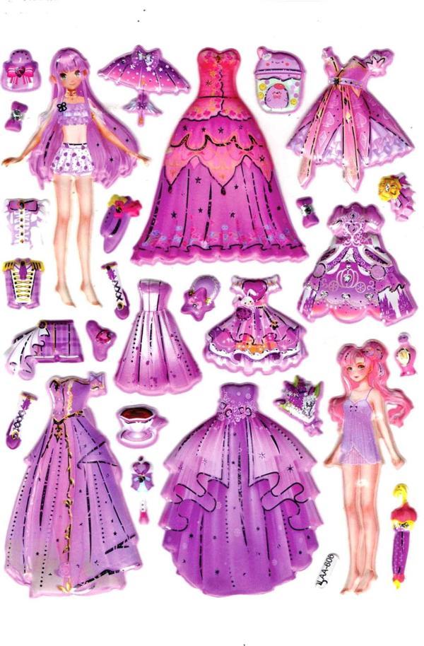 Sticker Kabartmalı Stiker Çıkartma Etiket (LAA606)-14x18 cm- Lila Kız Prenses Giydirme - Image 1