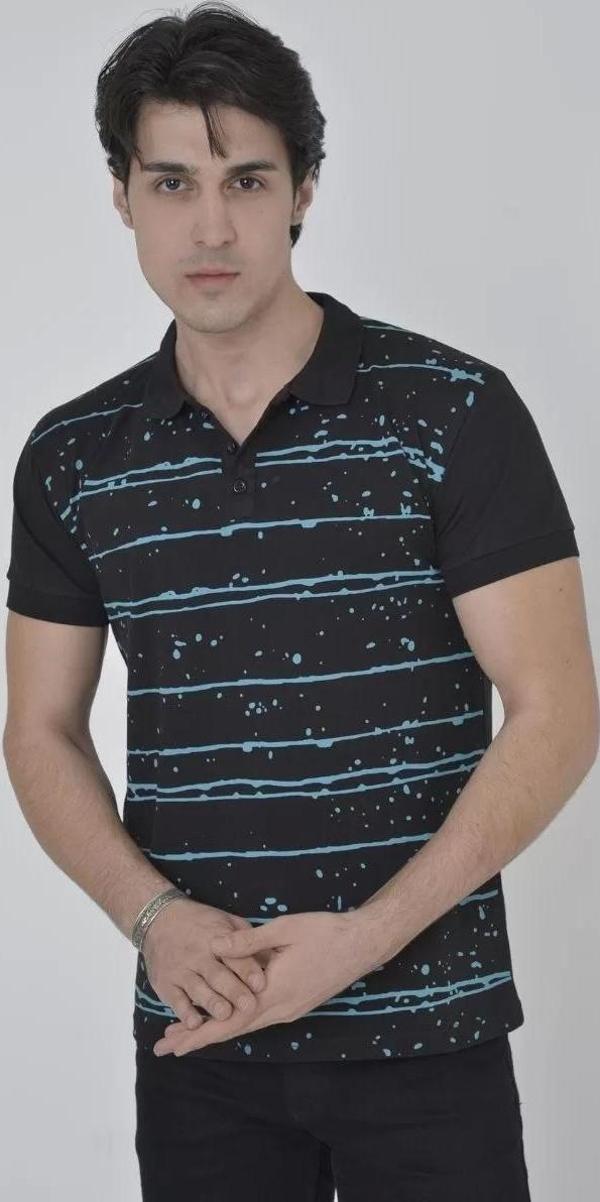 Erkek Yakalı Slim Fit Pike Çizgili T-Shirt - Siyah - Image 1