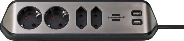 Brennenstuhl Estilo Mutfak ve Ofis İçin Çelik Yüzeyli Köşeli 4 Soketli 2 USB li 2 MT Uzatma Kablo - Image 1