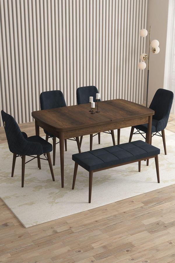 Mazaka Barok Desen 80x132 Açılabilir Mdf Masa Yemek Odası Takımı, Mutfak Takımı 4 Sandalye 1 Bench - Image 1