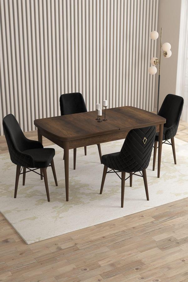 Mazaka Barok Desen 80x132 Açılabilir Mdf Masa Yemek Odası Takımı, Mutfak Takımı 4 Adet Sandalye - Image 1
