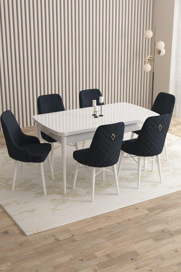 Mazaka Beyaz 80x132 Açılabilir Mdf Masa Yemek Odası Takımı, Mutfak Takımı 6 Adet Sandalye - Image 1