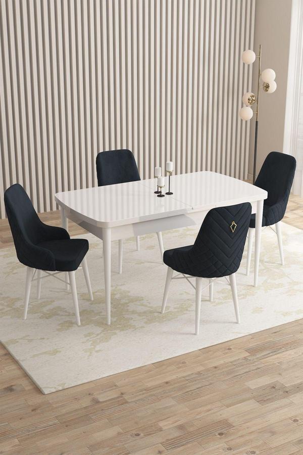Mazaka Beyaz 80x132 Açılabilir Mdf Masa Yemek Odası Takımı, Mutfak Takımı 4 Adet Sandalye - Image 1
