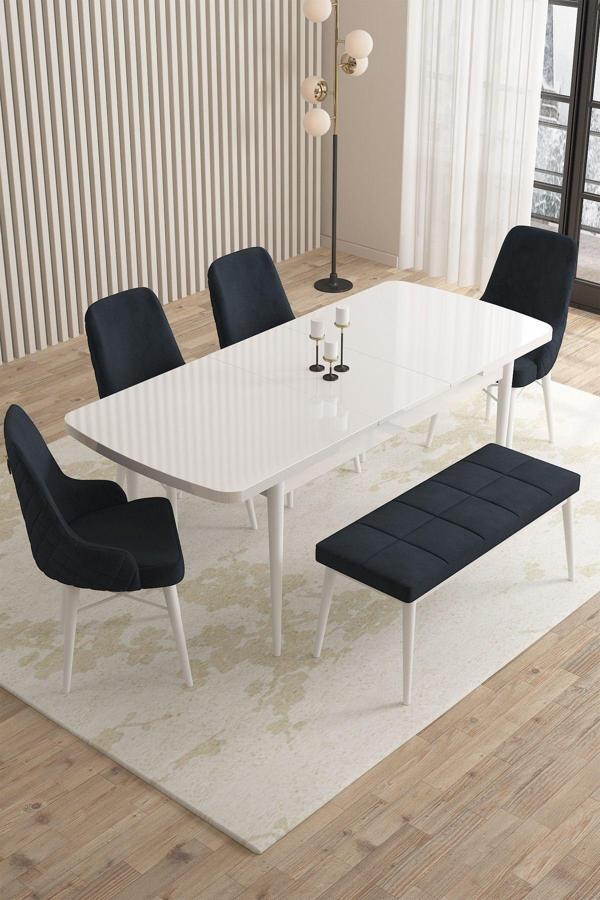 Mazaka Beyaz 80x132 Açılabilir Mdf Masa Yemek Odası Takımı, Mutfak Takımı 4 Sandalye 1 Bench - Image 1