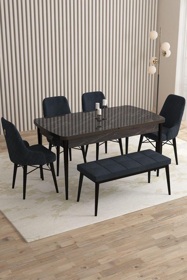 Mazaka Siyah Mermer 80x132 Açılabilir Mdf Masa Yemek Odası Takımı, Mutfak Takımı 4 Sandalye 1 Bench - Image 1