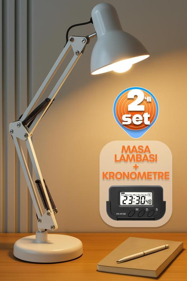 2li SET Masa Lambası + Kronometreli Öğrenci Saati Akrobat Metal 360° Çalışma Masası Lambası Beyaz - Image 1