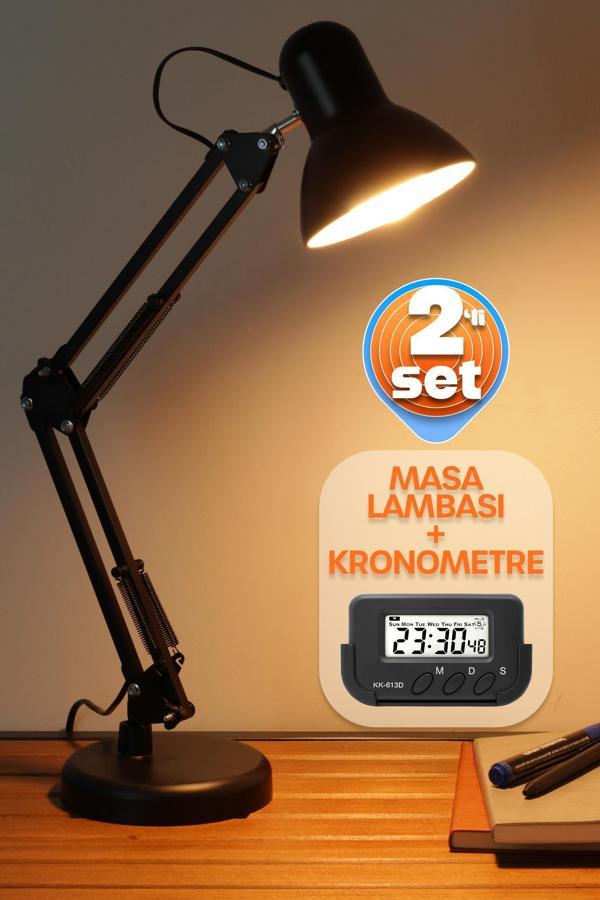 2li SET Masa Lambası + Kronometreli Öğrenci Saati Akrobat Metal 360° Çalışma Masası Lambası Siyah - Image 1