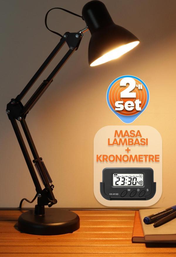 2li SET Masa Lambası + Kronometreli Öğrenci Saati Akrobat Metal 360° Çalışma Masası Lambası Siyah - Image 1