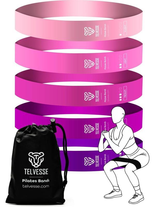 5’li Pilates Direnç Bandı Seti Loop Squat Lastiği Çantalı Fitness Egzersiz Bantları - Pembe - Image 1