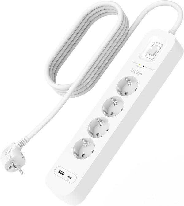 Belkin 4'Lü Çoklu Priz, Yüksek Gerilim Korumalı, Duvara Montaj, 4 Priz, 2 M Güç Kablosu, Yeşil Işıkl - Image 1