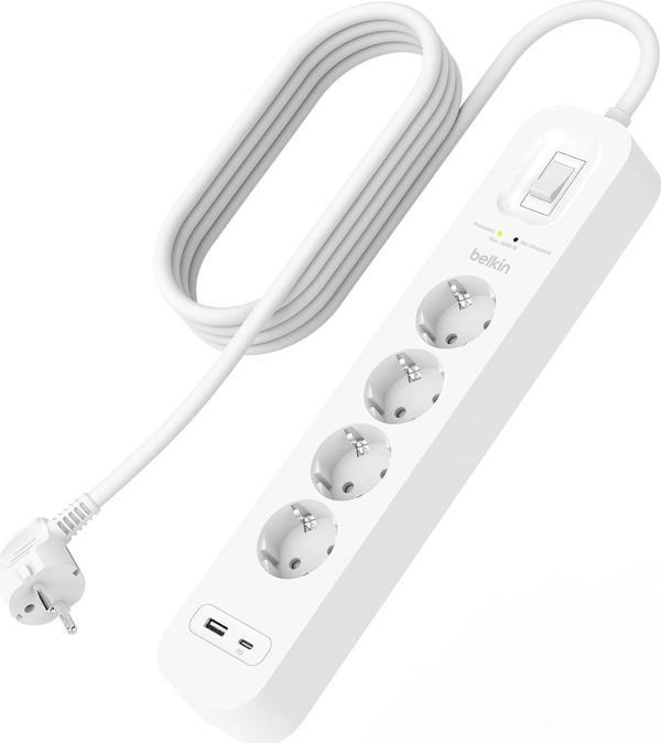 Belkin 4'Lü Çoklu Priz, Yüksek Gerilim Korumalı, Duvara Montaj, 4 Priz, 2 M Güç Kablosu, Yeşil Işıkl - Image 1